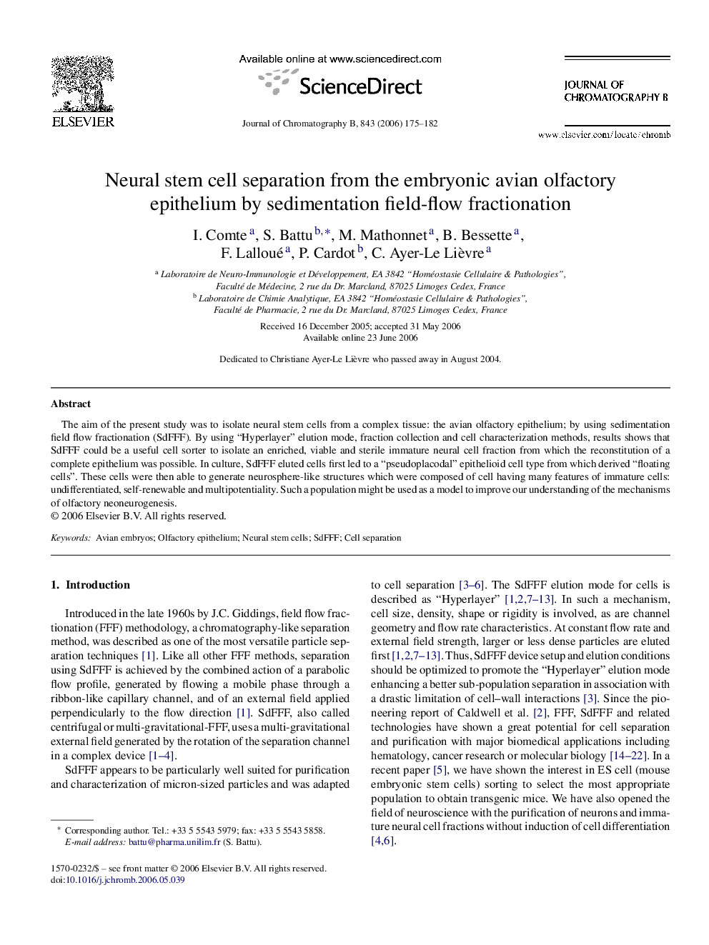 Neural stem cell separation from the embryonic avian olfactory epithelium by sedimentation field-flow fractionation