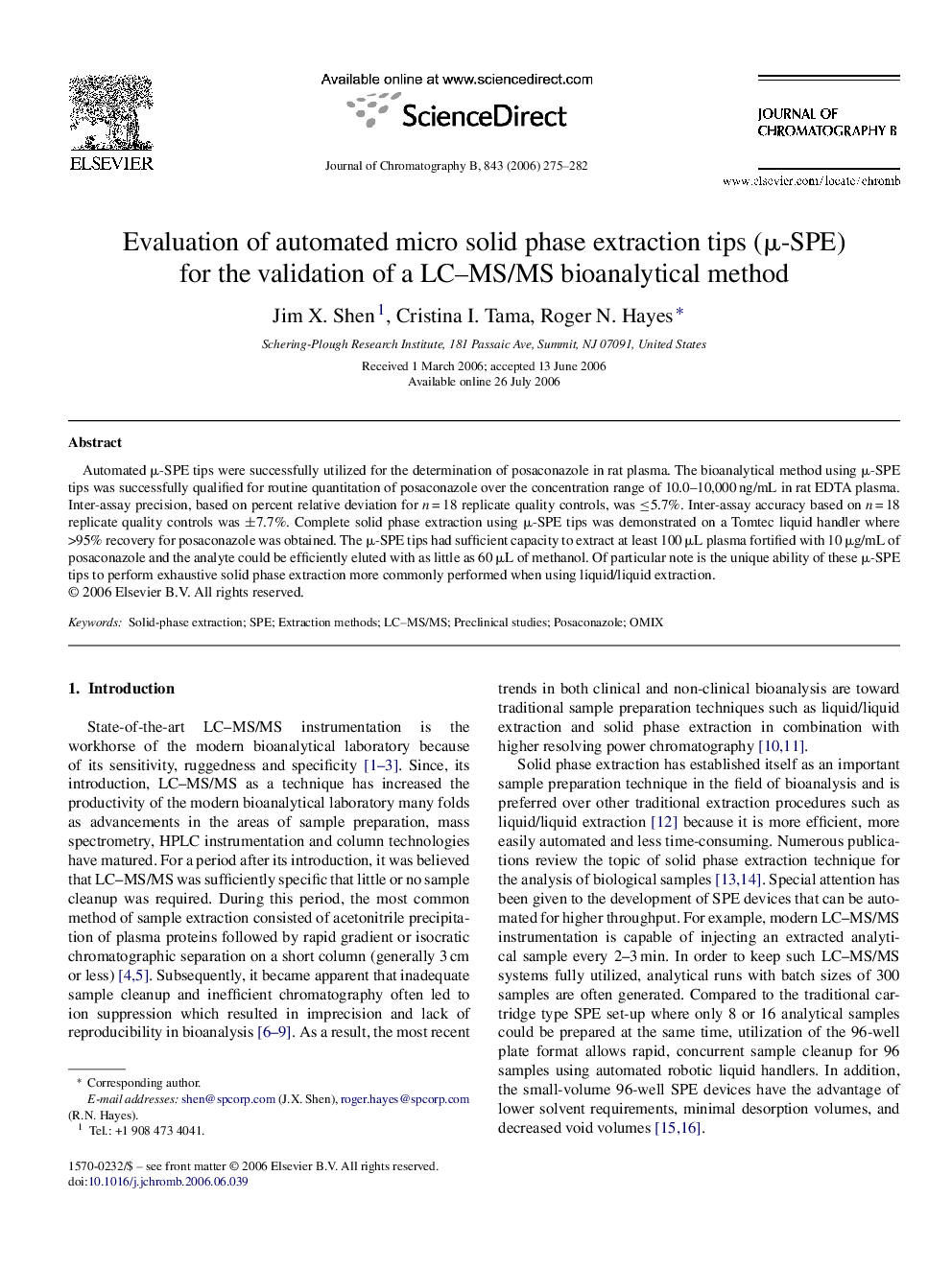 Evaluation of automated micro solid phase extraction tips (μ-SPE) for the validation of a LC–MS/MS bioanalytical method