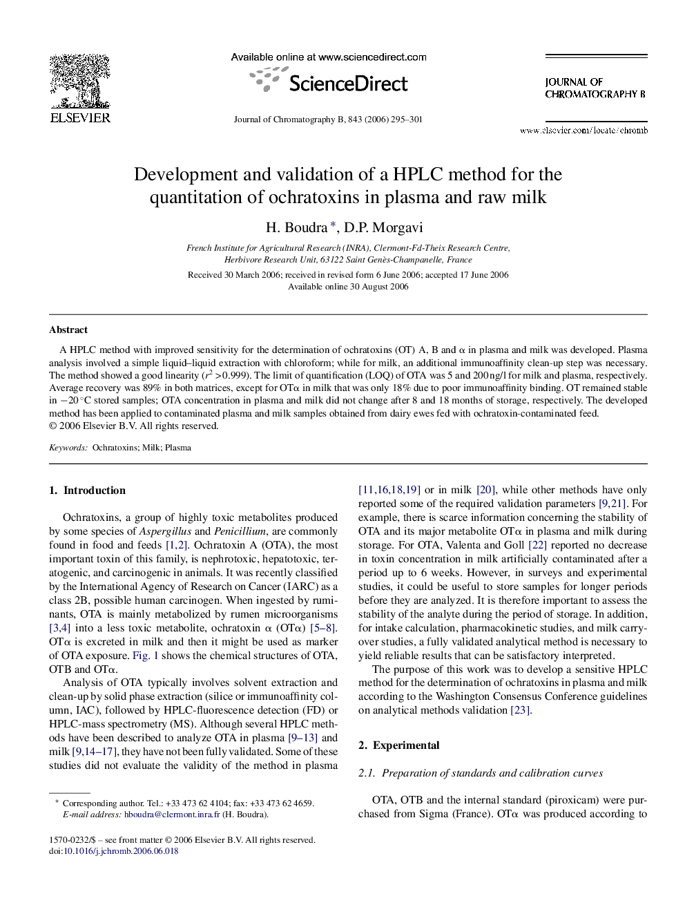 عکس صفحه اول مقاله: Development and validation of a HPLC method for the quantitation of ochratoxins in plasma and raw milk Development and validation of a HPLC method for the quantitation of ochratoxins in plasma and raw milk