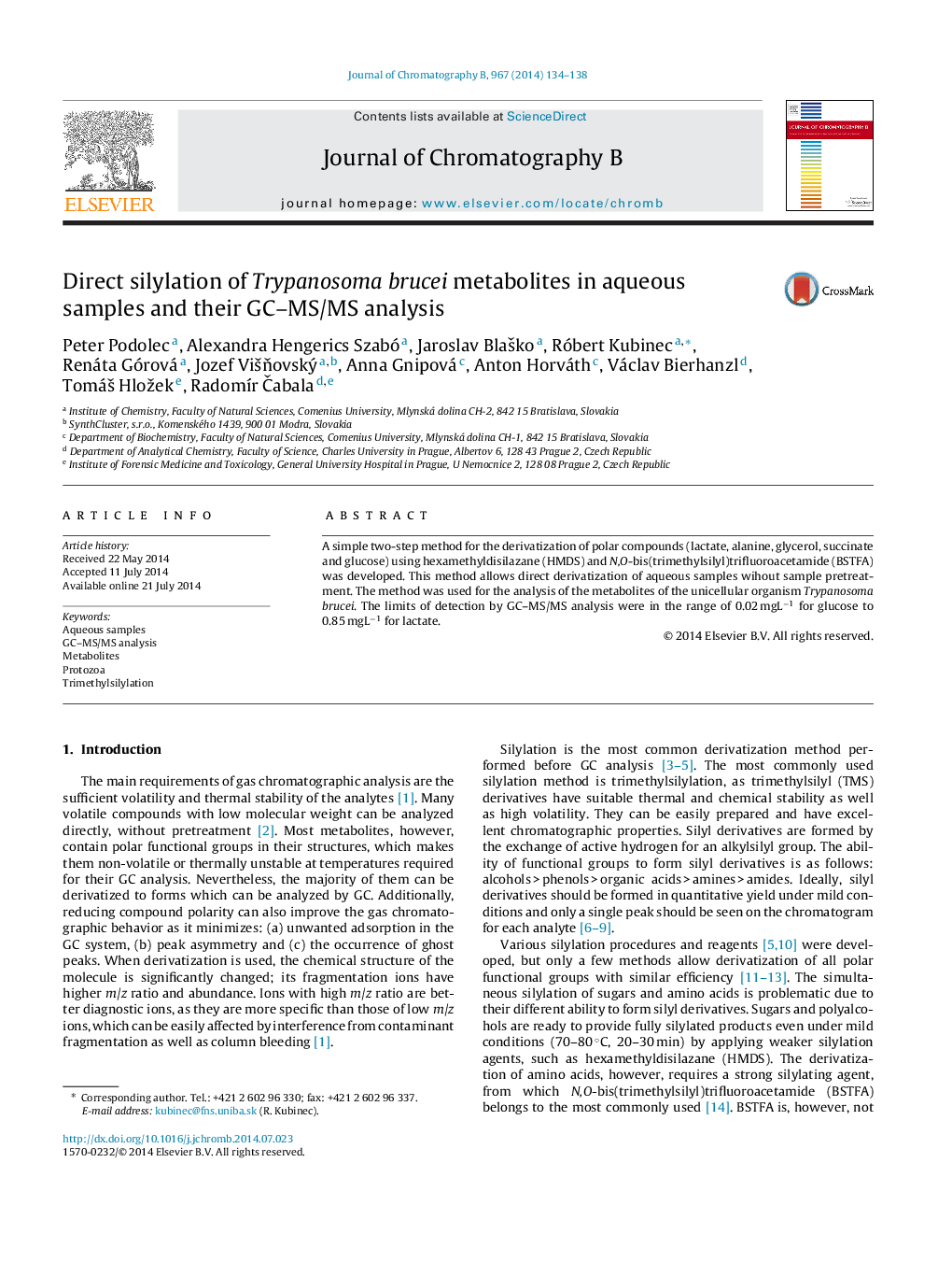 Direct silylation of Trypanosoma brucei metabolites in aqueous samples and their GC–MS/MS analysis