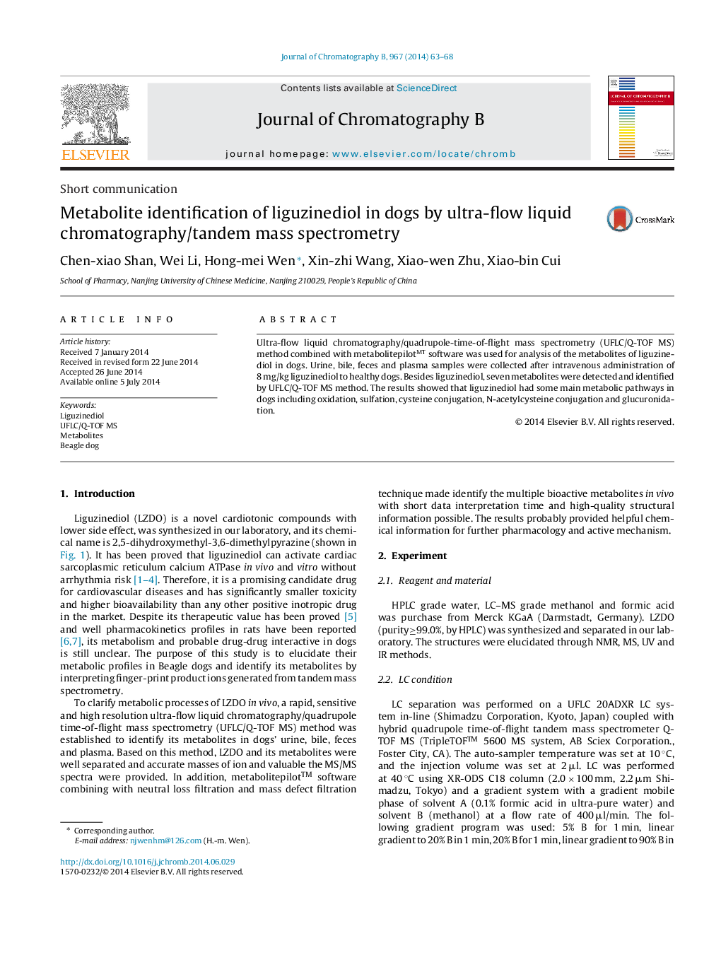 Metabolite identification of liguzinediol in dogs by ultra-flow liquid chromatography/tandem mass spectrometry