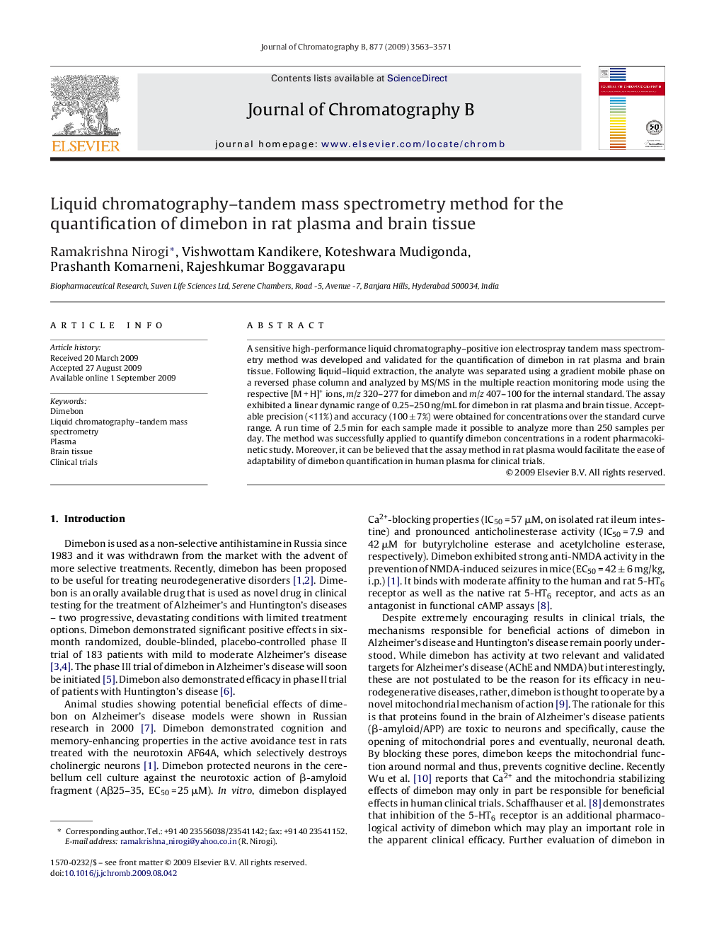 Liquid chromatography–tandem mass spectrometry method for the quantification of dimebon in rat plasma and brain tissue