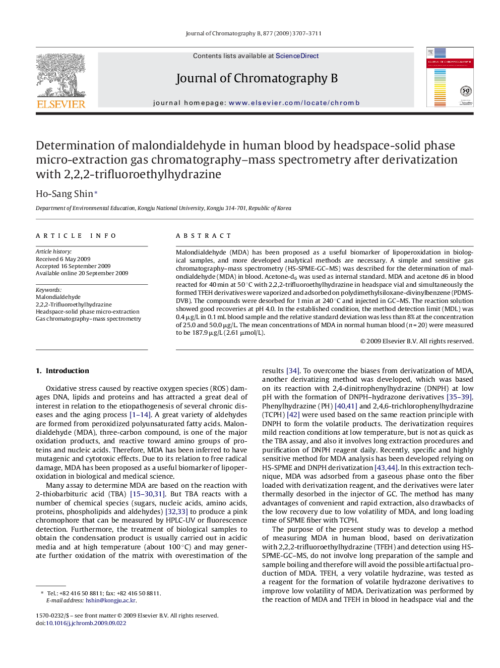 Determination of malondialdehyde in human blood by headspace-solid phase micro-extraction gas chromatography–mass spectrometry after derivatization with 2,2,2-trifluoroethylhydrazine