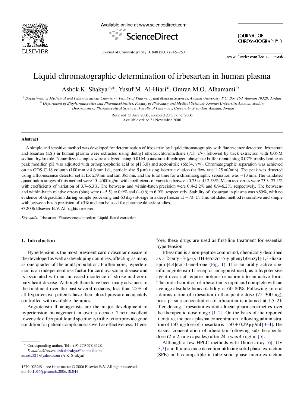 Liquid chromatographic determination of irbesartan in human plasma