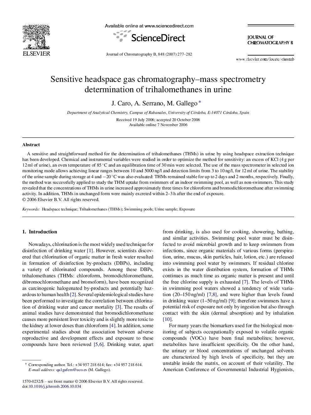 Sensitive headspace gas chromatography–mass spectrometry determination of trihalomethanes in urine