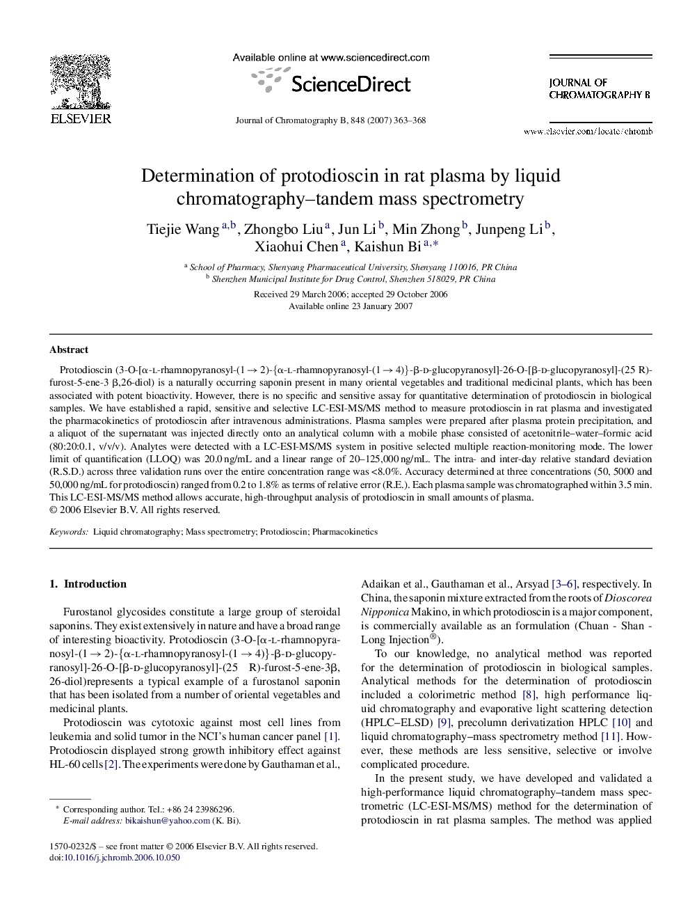 Determination of protodioscin in rat plasma by liquid chromatography–tandem mass spectrometry