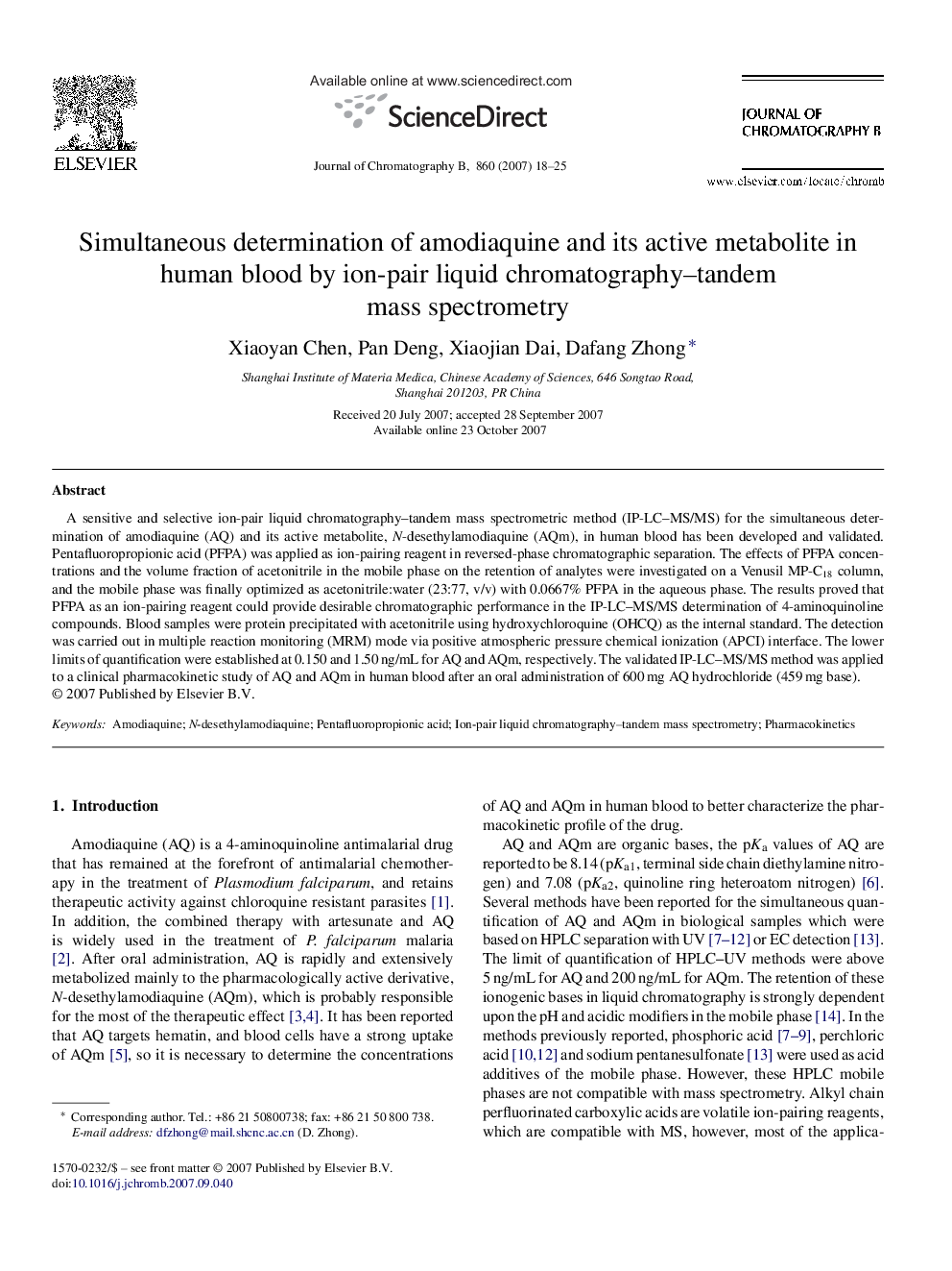 Simultaneous determination of amodiaquine and its active metabolite in human blood by ion-pair liquid chromatography–tandem mass spectrometry