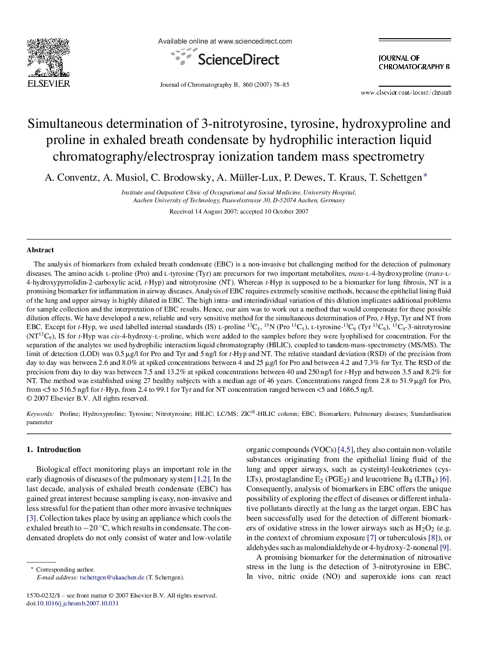 Simultaneous determination of 3-nitrotyrosine, tyrosine, hydroxyproline and proline in exhaled breath condensate by hydrophilic interaction liquid chromatography/electrospray ionization tandem mass spectrometry