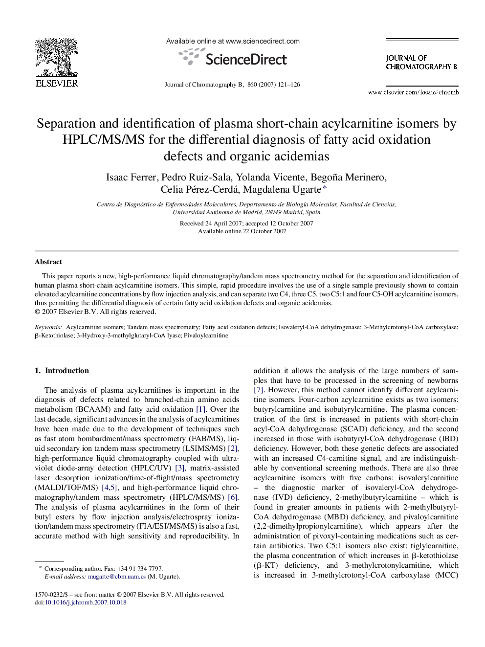 Separation and identification of plasma short-chain acylcarnitine isomers by HPLC/MS/MS for the differential diagnosis of fatty acid oxidation defects and organic acidemias