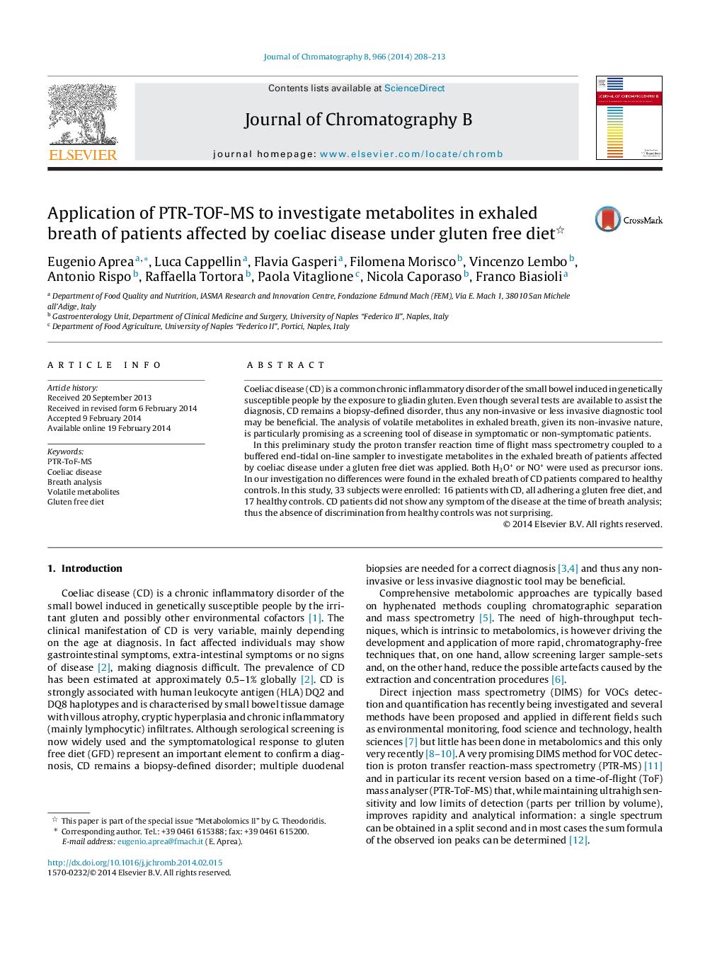 Application of PTR-TOF-MS to investigate metabolites in exhaled breath of patients affected by coeliac disease under gluten free diet 