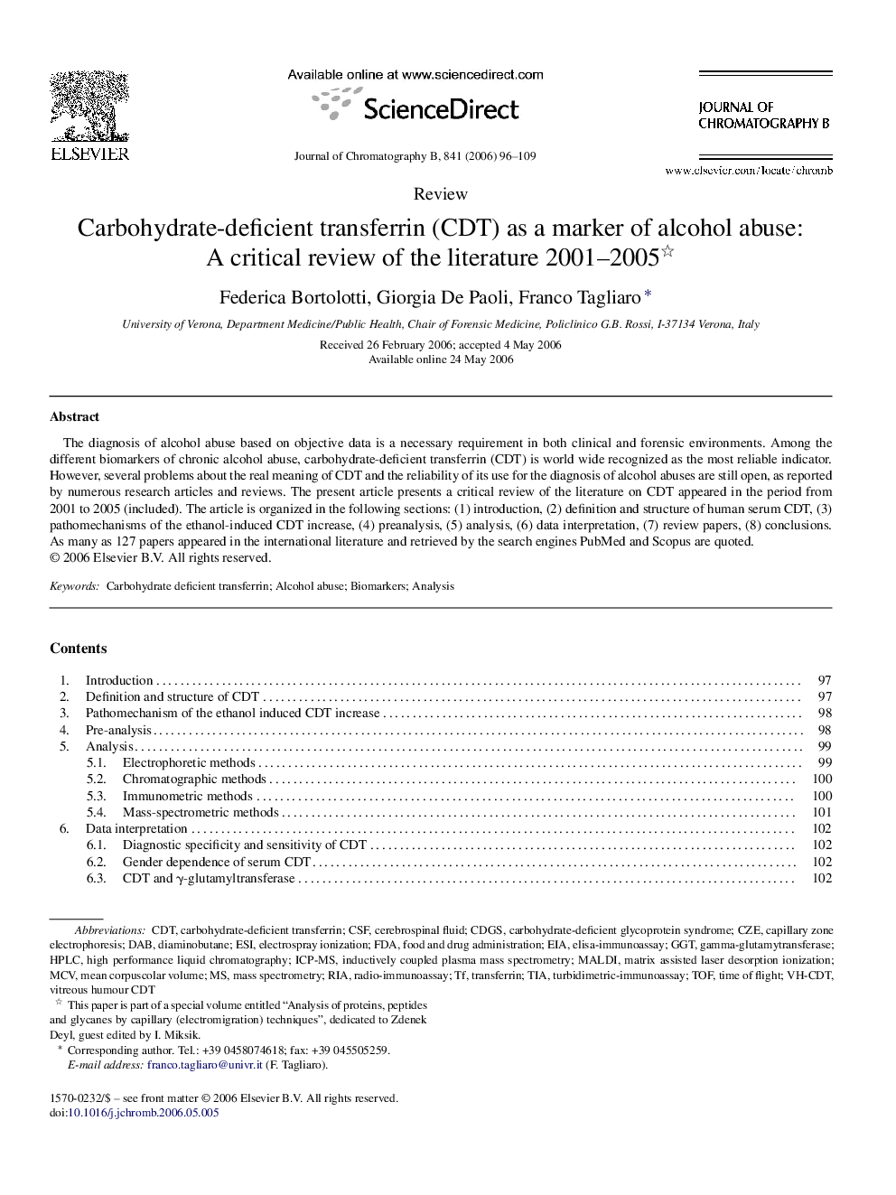 Carbohydrate-deficient transferrin (CDT) as a marker of alcohol abuse: A critical review of the literature 2001–2005 