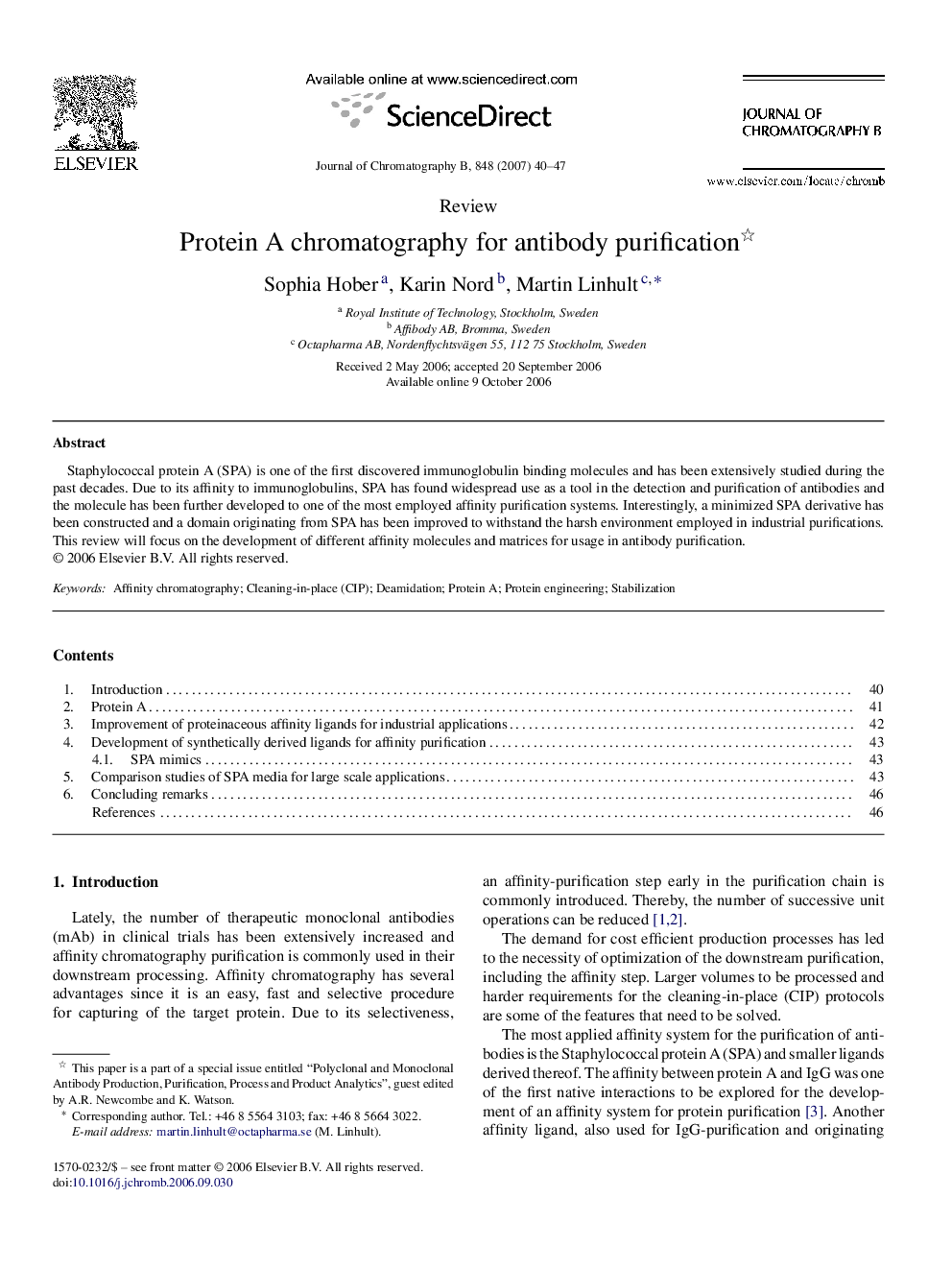 Protein A chromatography for antibody purification 