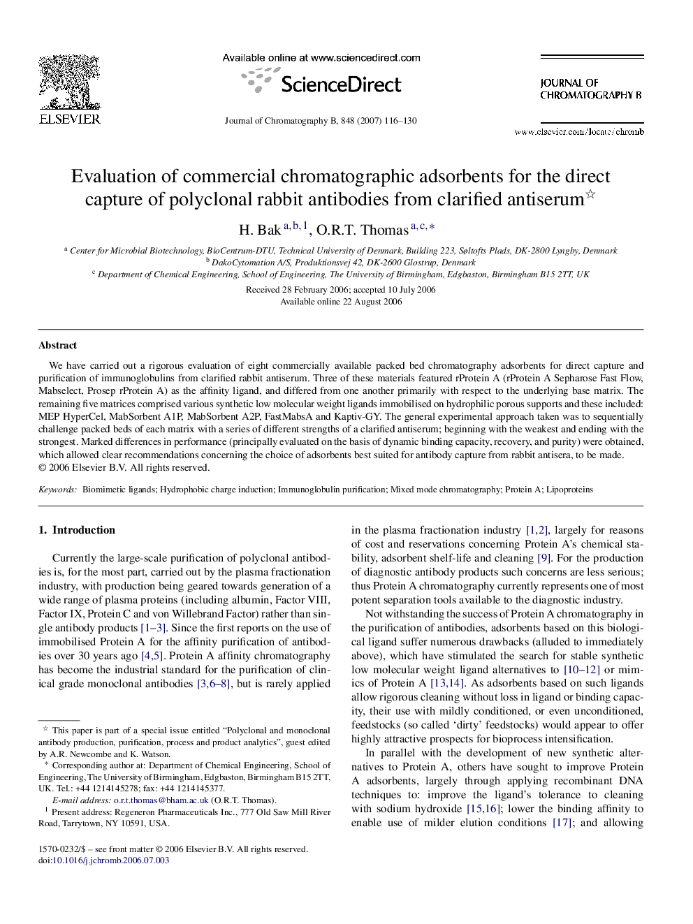 Evaluation of commercial chromatographic adsorbents for the direct capture of polyclonal rabbit antibodies from clarified antiserum 