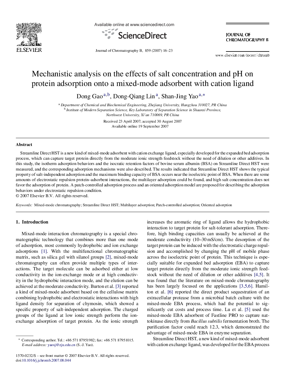 Mechanistic analysis on the effects of salt concentration and pH on protein adsorption onto a mixed-mode adsorbent with cation ligand