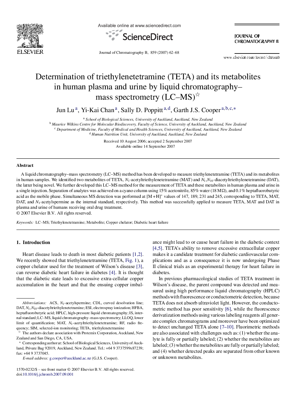 Determination of triethylenetetramine (TETA) and its metabolites in human plasma and urine by liquid chromatography–mass spectrometry (LC–MS) 