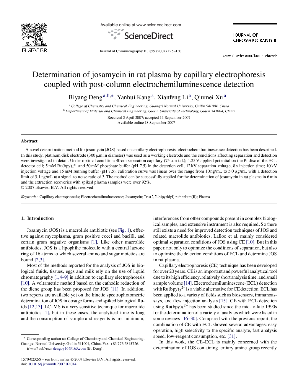 Determination of josamycin in rat plasma by capillary electrophoresis coupled with post-column electrochemiluminescence detection