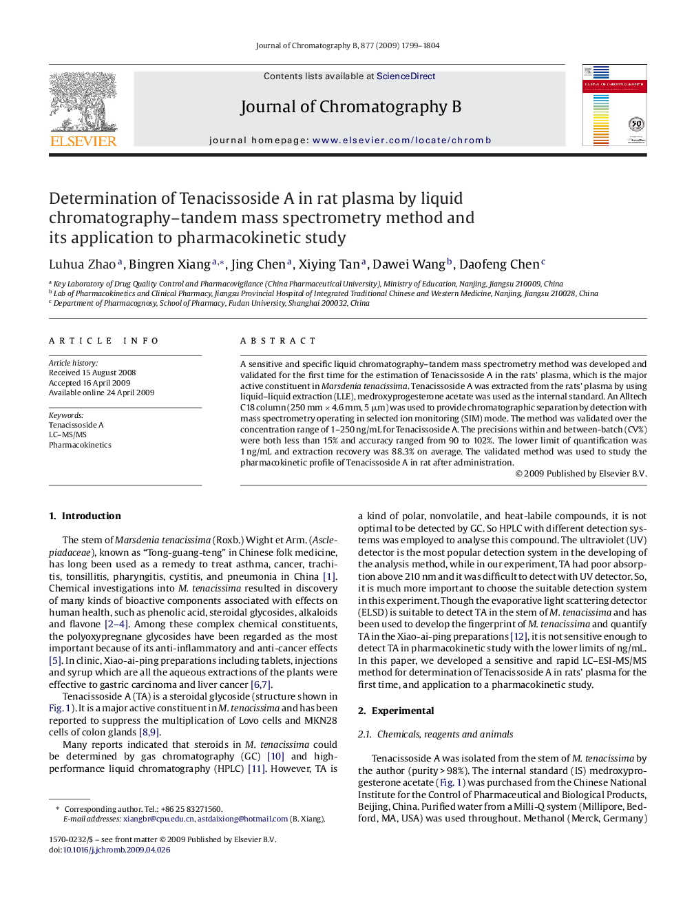 Determination of Tenacissoside A in rat plasma by liquid chromatography–tandem mass spectrometry method and its application to pharmacokinetic study