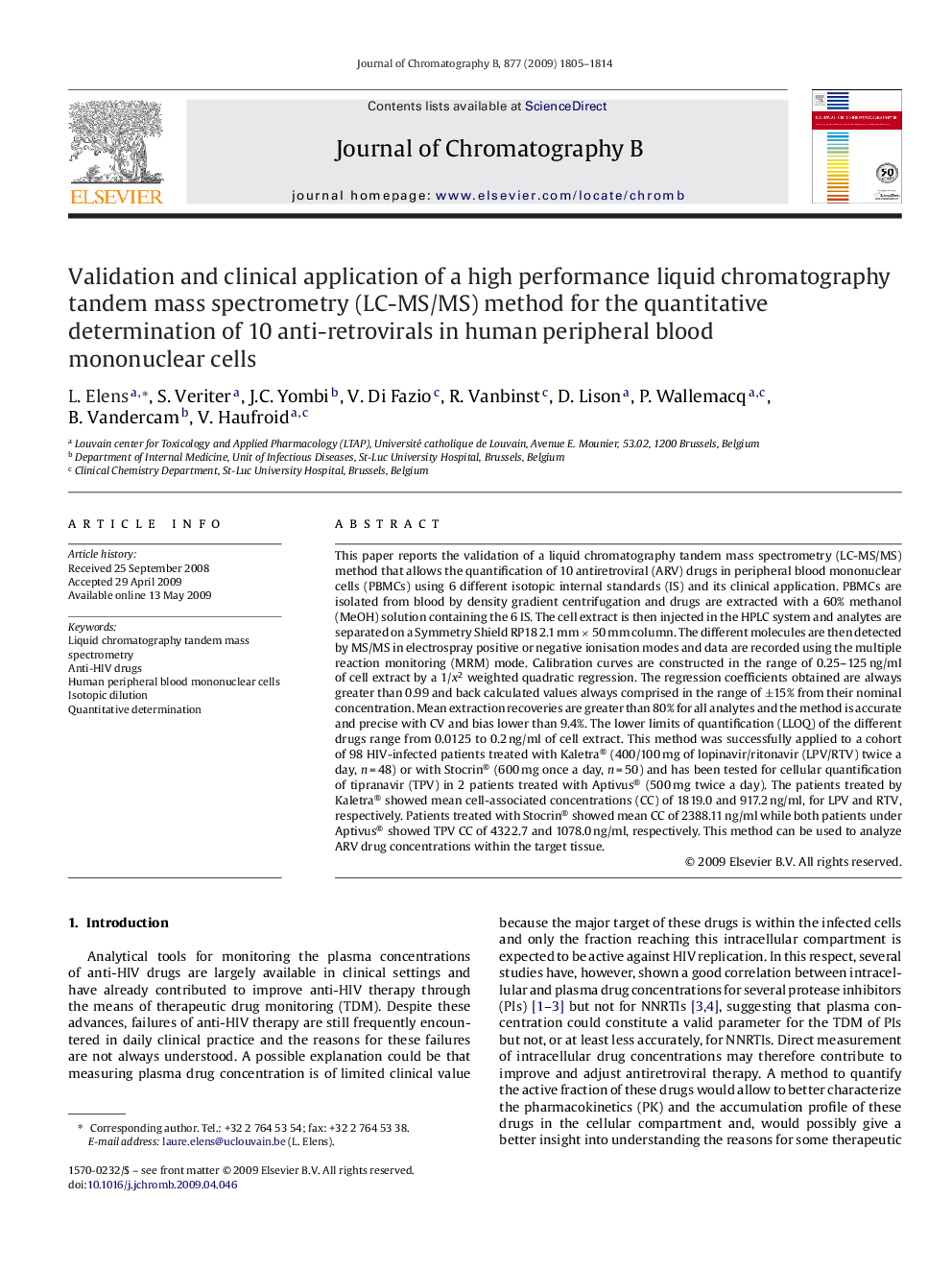 Validation and clinical application of a high performance liquid chromatography tandem mass spectrometry (LC-MS/MS) method for the quantitative determination of 10 anti-retrovirals in human peripheral blood mononuclear cells