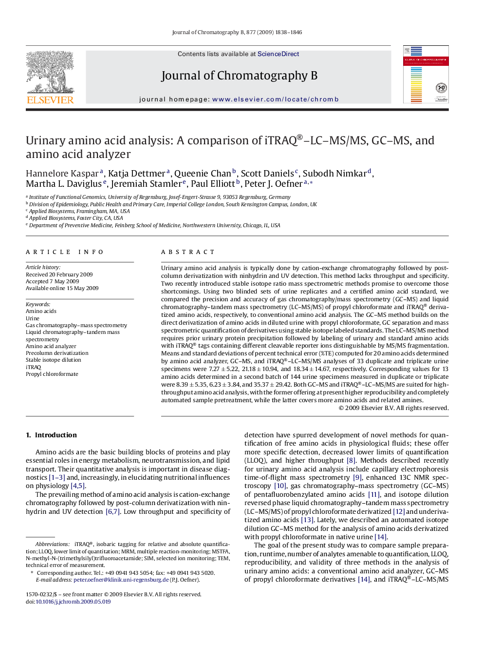 Urinary amino acid analysis: A comparison of iTRAQ®–LC–MS/MS, GC–MS, and amino acid analyzer