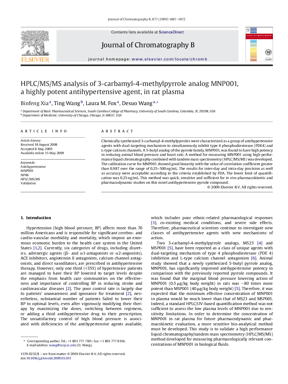 HPLC/MS/MS analysis of 3-carbamyl-4-methylpyrrole analog MNP001, a highly potent antihypertensive agent, in rat plasma