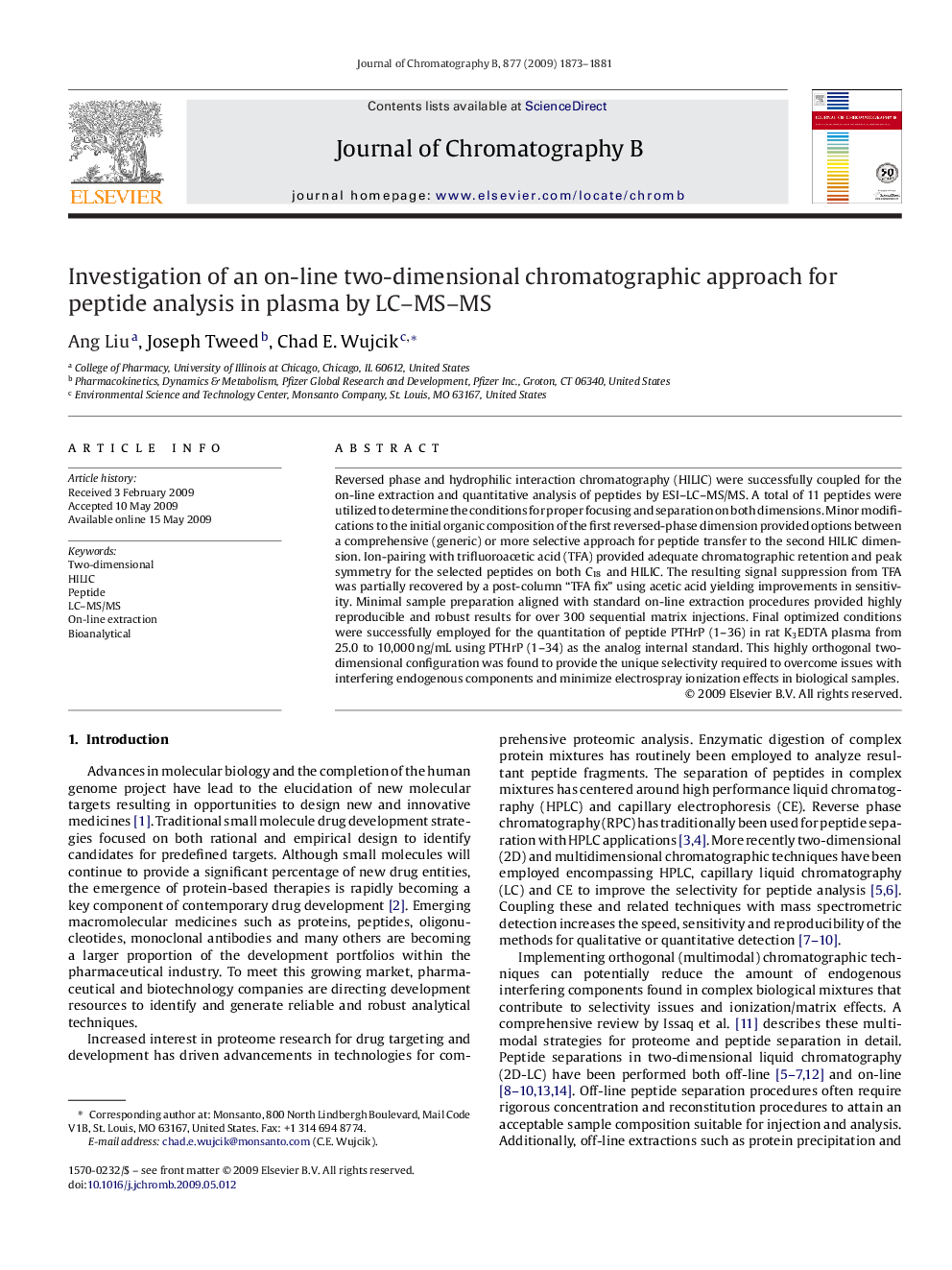 Investigation of an on-line two-dimensional chromatographic approach for peptide analysis in plasma by LC–MS–MS