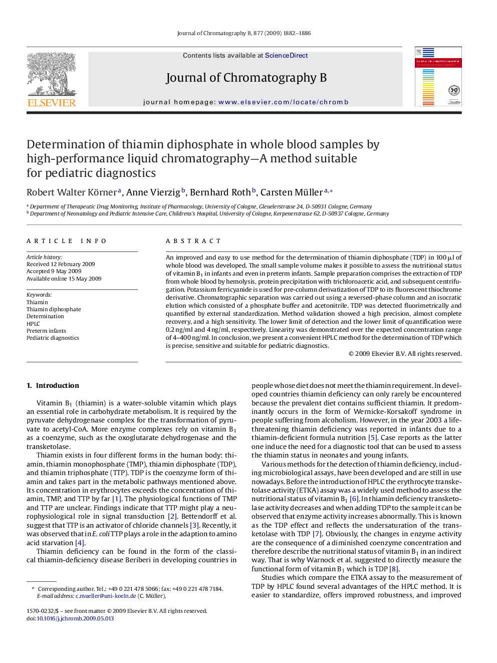 Determination of thiamin diphosphate in whole blood samples by high-performance liquid chromatography—A method suitable for pediatric diagnostics