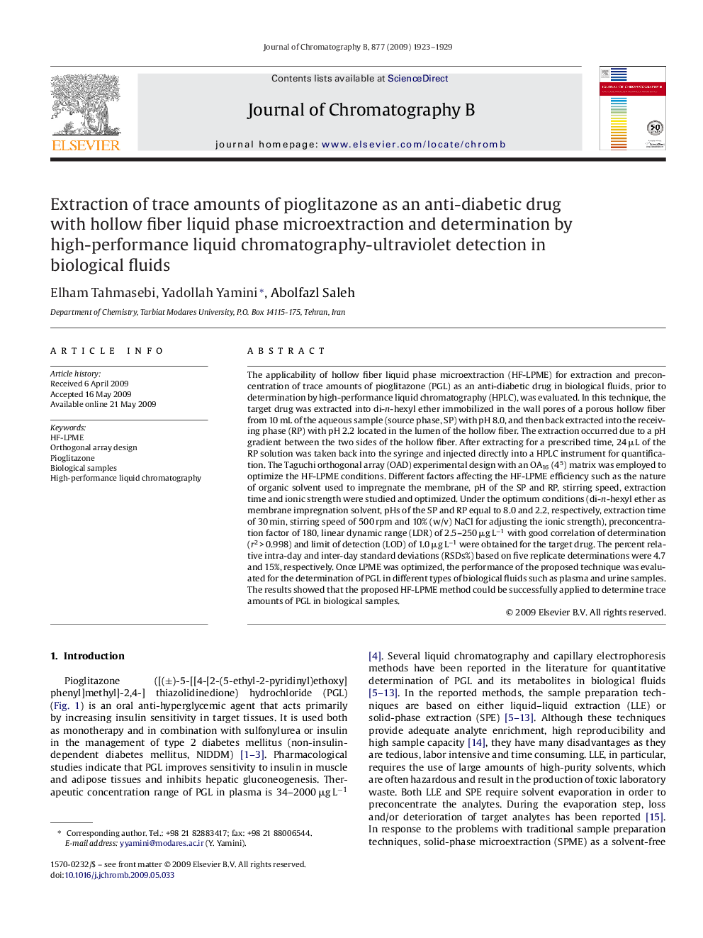 Extraction of trace amounts of pioglitazone as an anti-diabetic drug with hollow fiber liquid phase microextraction and determination by high-performance liquid chromatography-ultraviolet detection in biological fluids