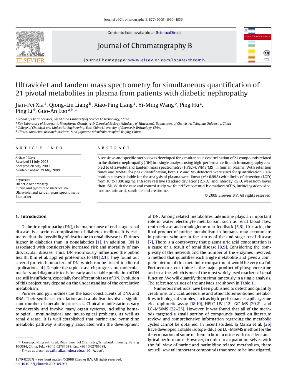 Ultraviolet and tandem mass spectrometry for simultaneous quantification of 21 pivotal metabolites in plasma from patients with diabetic nephropathy