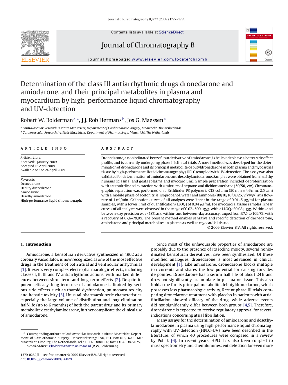 Determination of the class III antiarrhythmic drugs dronedarone and amiodarone, and their principal metabolites in plasma and myocardium by high-performance liquid chromatography and UV-detection