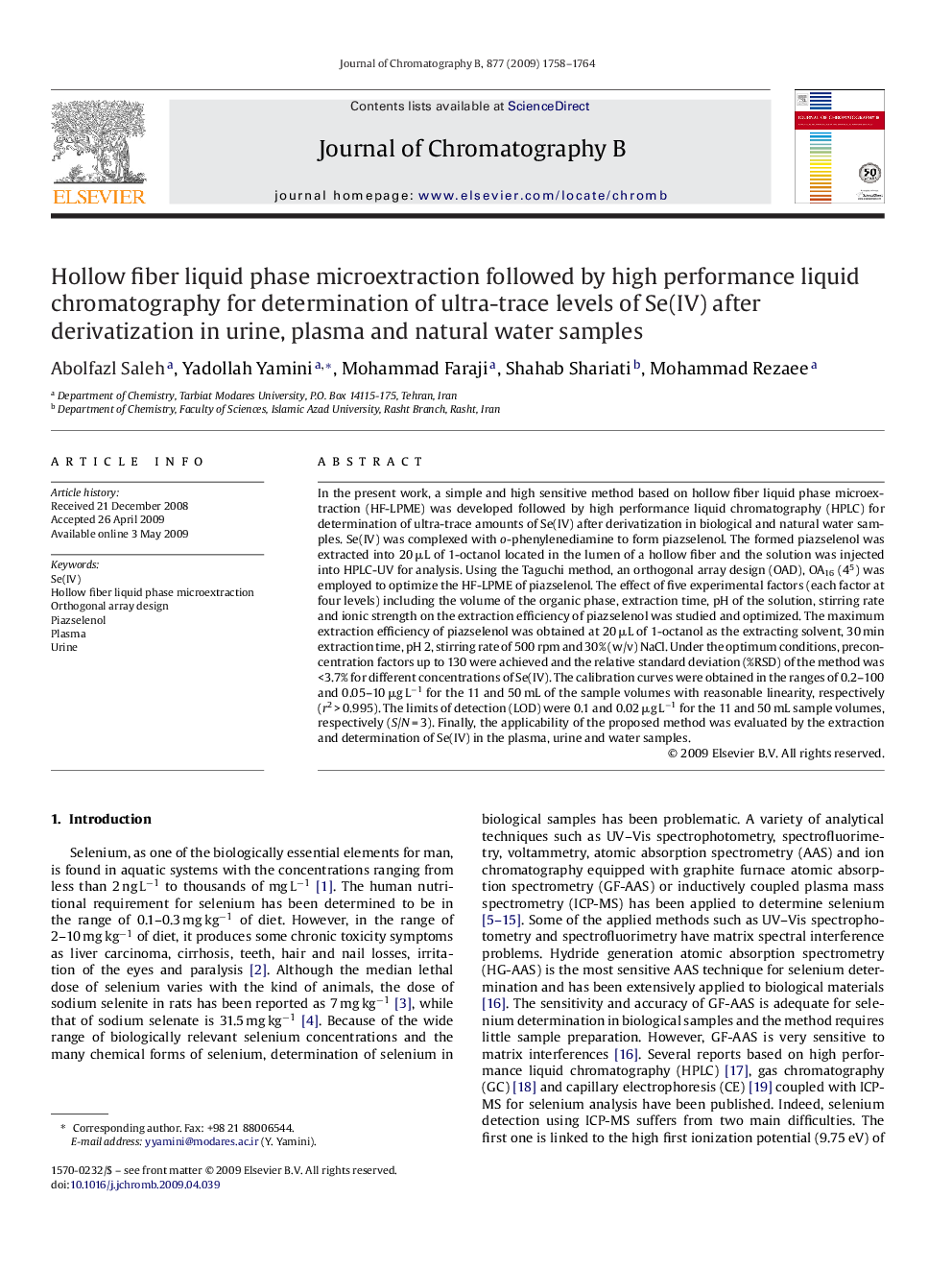 Hollow fiber liquid phase microextraction followed by high performance liquid chromatography for determination of ultra-trace levels of Se(IV) after derivatization in urine, plasma and natural water samples