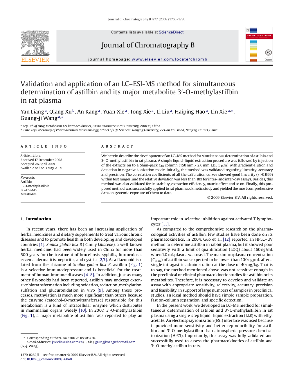 Validation and application of an LC–ESI-MS method for simultaneous determination of astilbin and its major metabolite 3′-O-methylastilbin in rat plasma