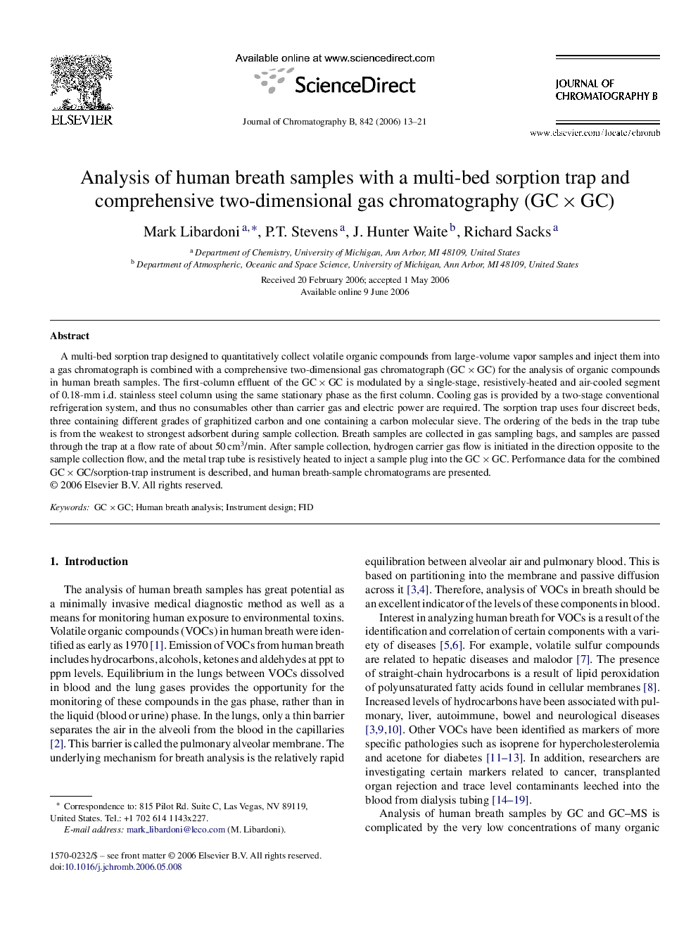 Analysis of human breath samples with a multi-bed sorption trap and comprehensive two-dimensional gas chromatography (GC × GC)