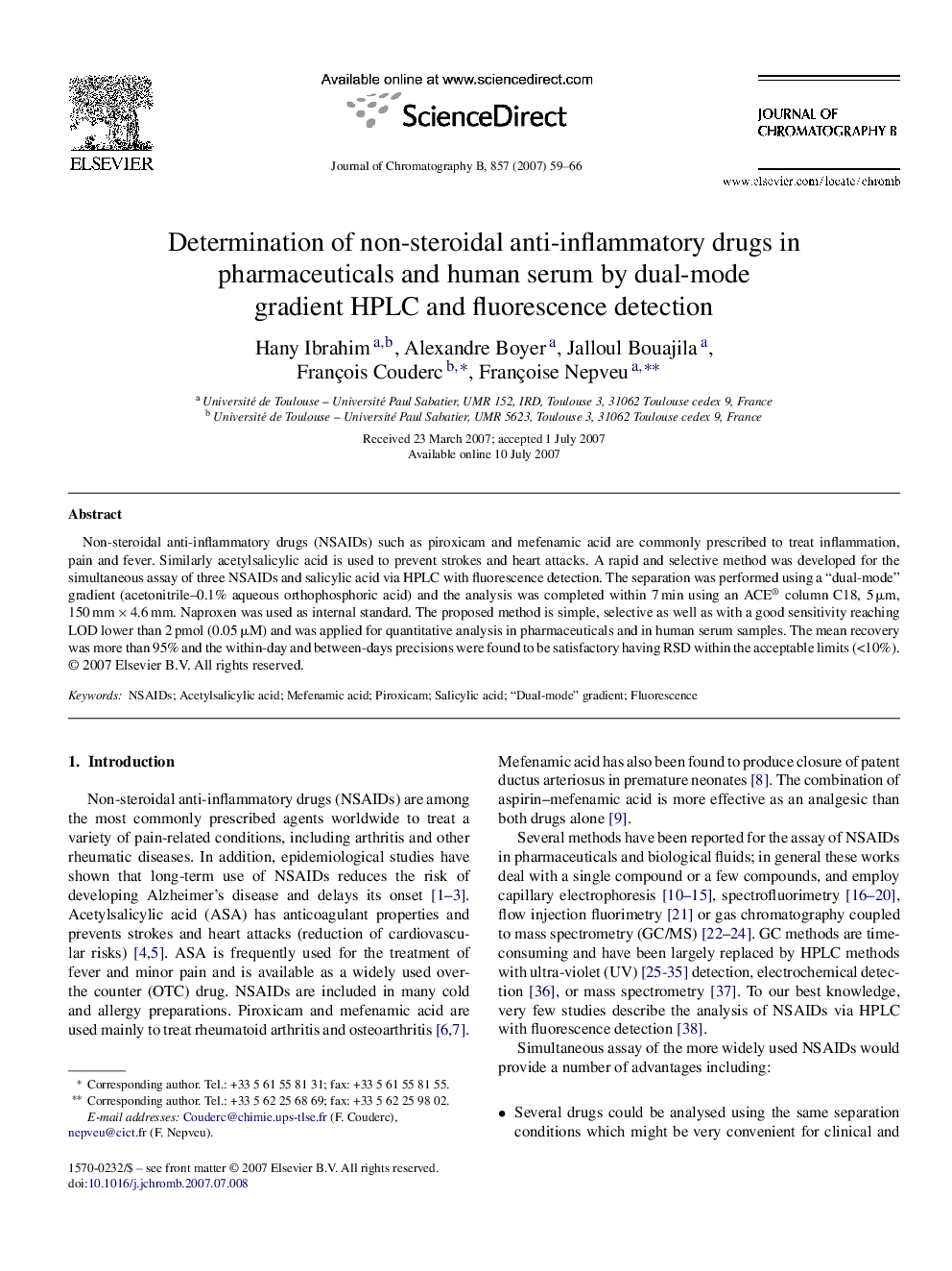 Determination of non-steroidal anti-inflammatory drugs in pharmaceuticals and human serum by dual-mode gradient HPLC and fluorescence detection