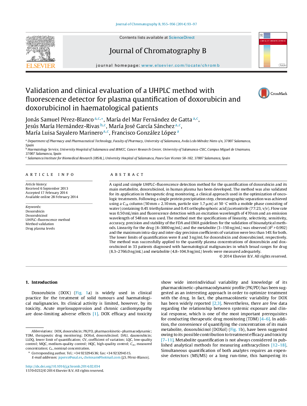 Validation and clinical evaluation of a UHPLC method with fluorescence detector for plasma quantification of doxorubicin and doxorubicinol in haematological patients