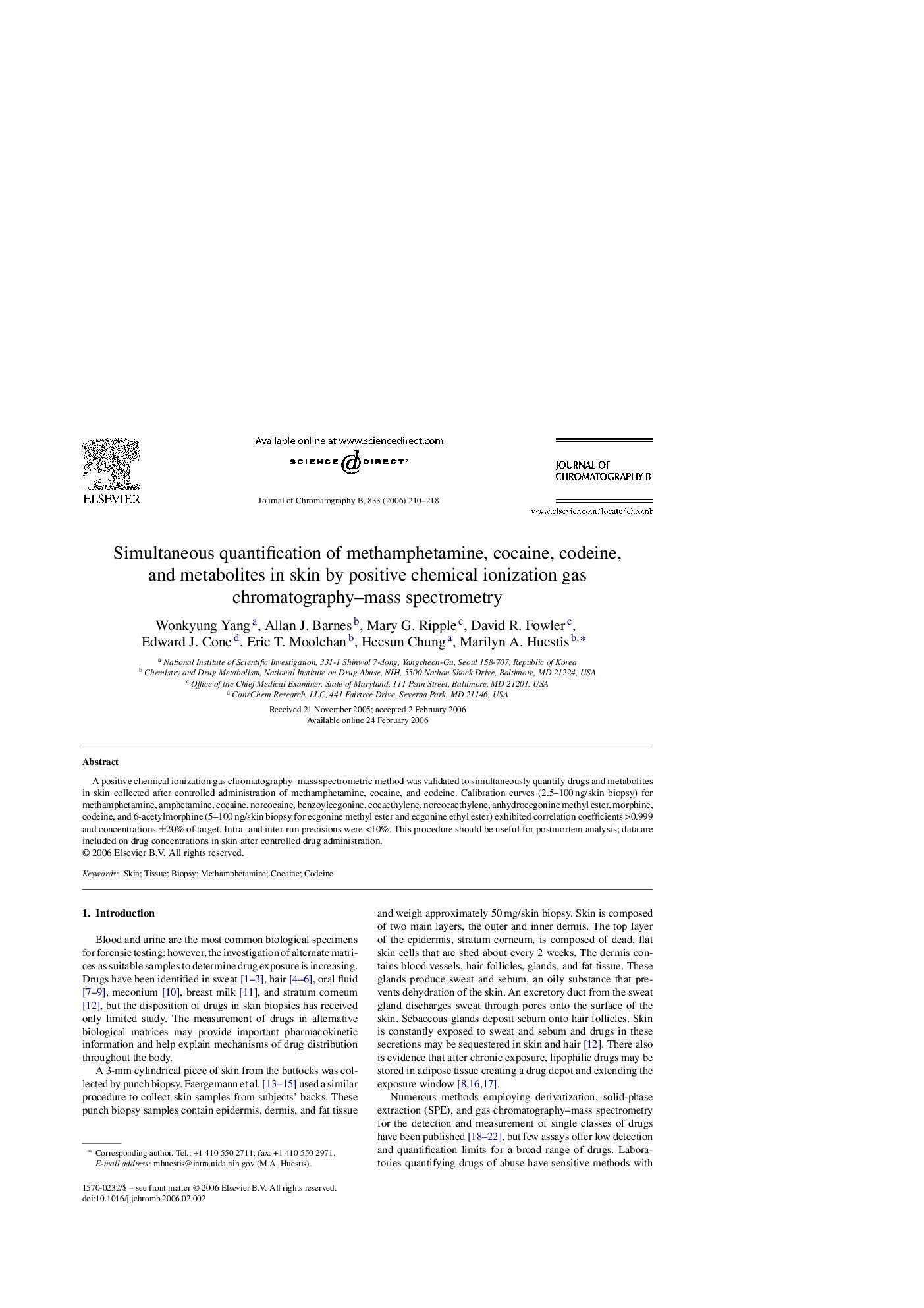 Simultaneous quantification of methamphetamine, cocaine, codeine, and metabolites in skin by positive chemical ionization gas chromatography–mass spectrometry