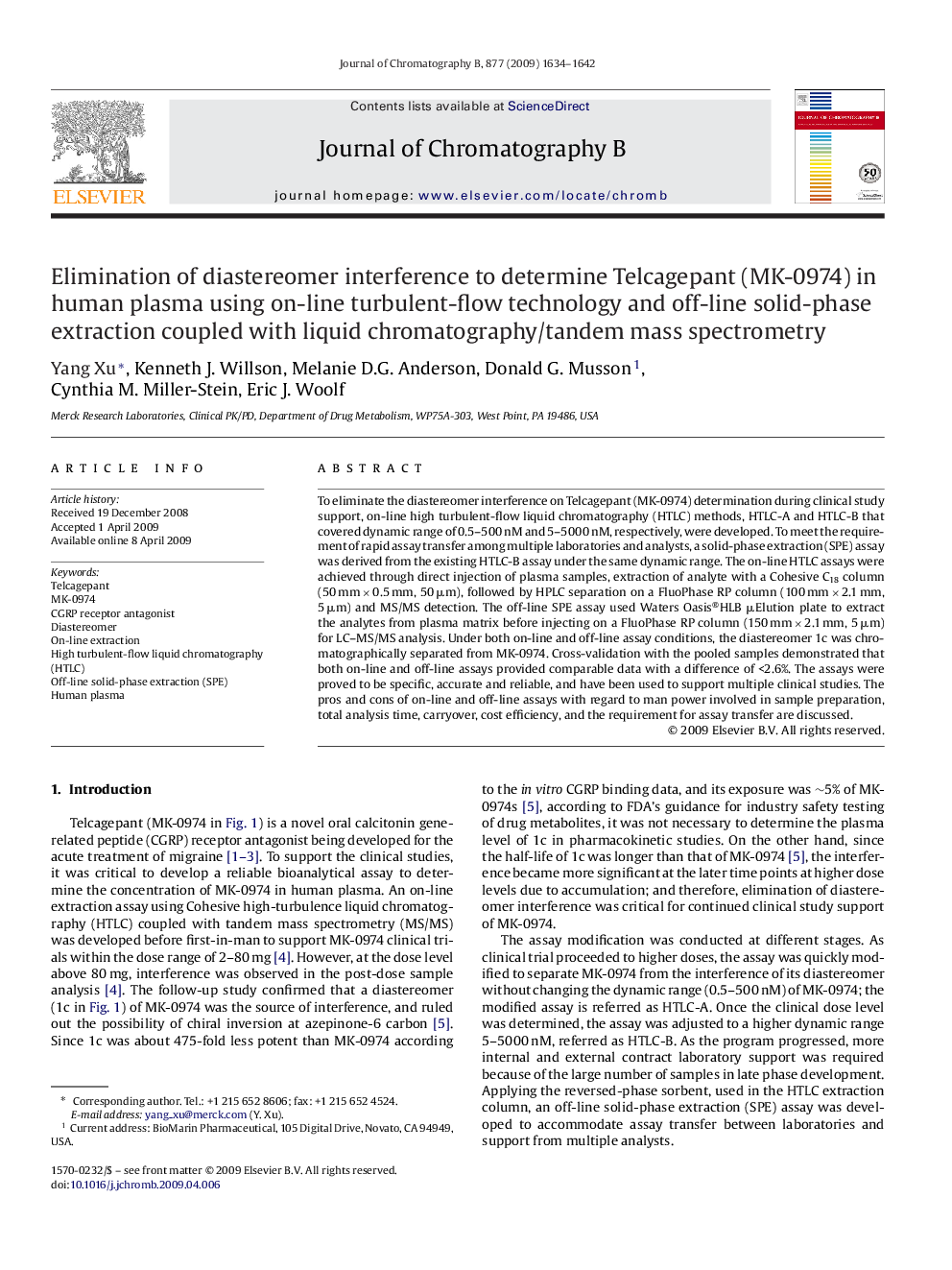 Elimination of diastereomer interference to determine Telcagepant (MK-0974) in human plasma using on-line turbulent-flow technology and off-line solid-phase extraction coupled with liquid chromatography/tandem mass spectrometry