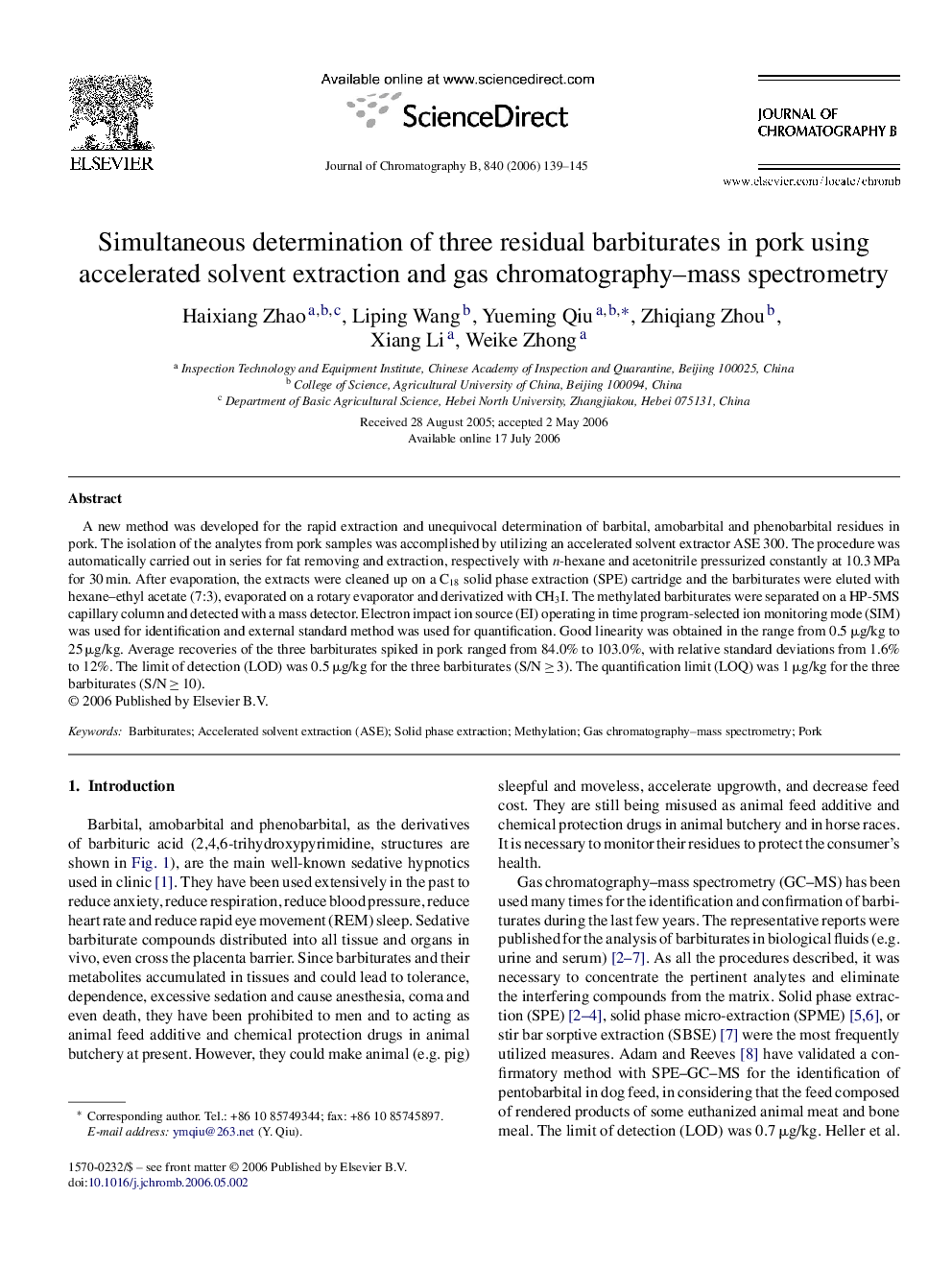 Simultaneous determination of three residual barbiturates in pork using accelerated solvent extraction and gas chromatography–mass spectrometry