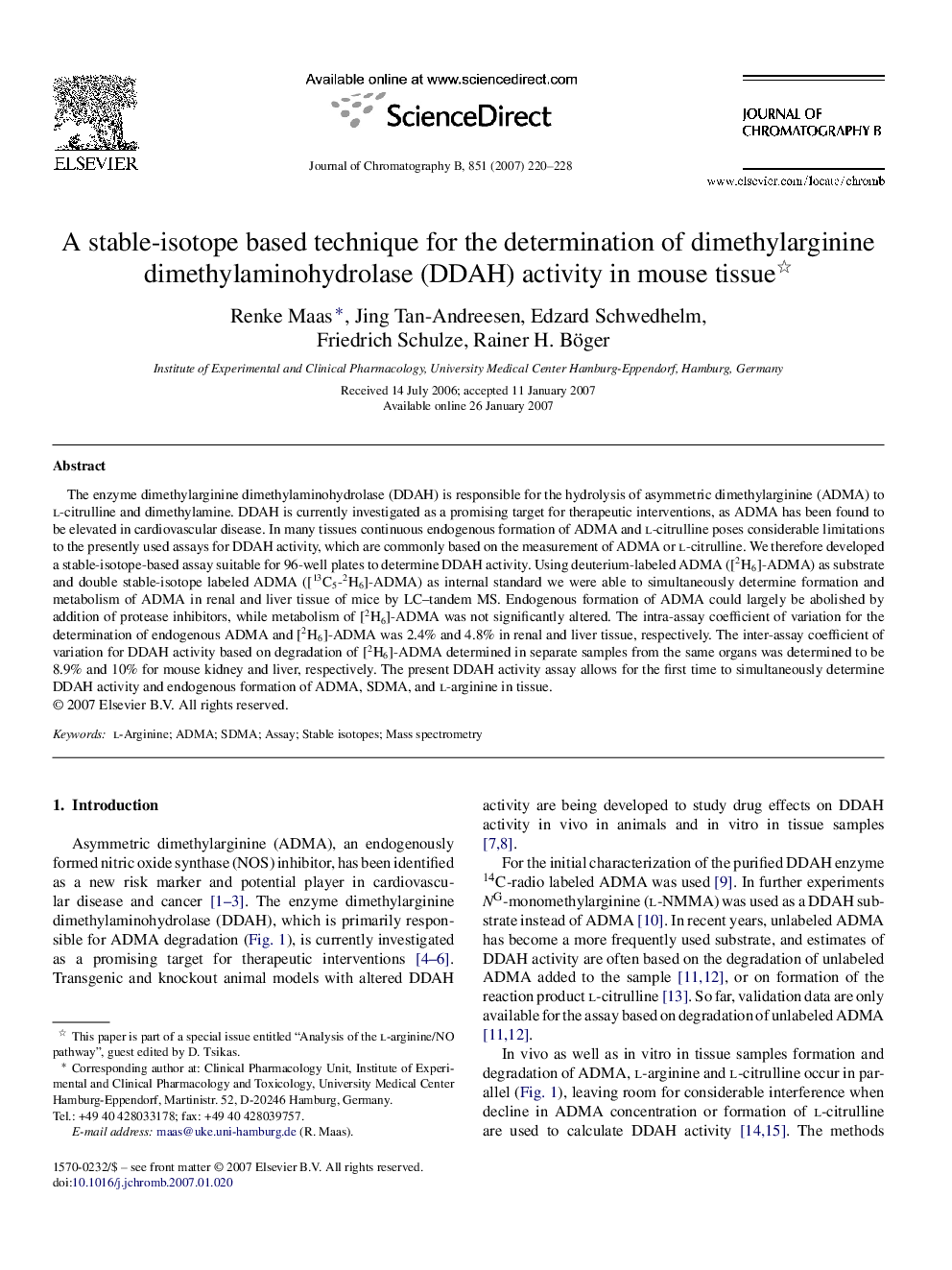 A stable-isotope based technique for the determination of dimethylarginine dimethylaminohydrolase (DDAH) activity in mouse tissue 