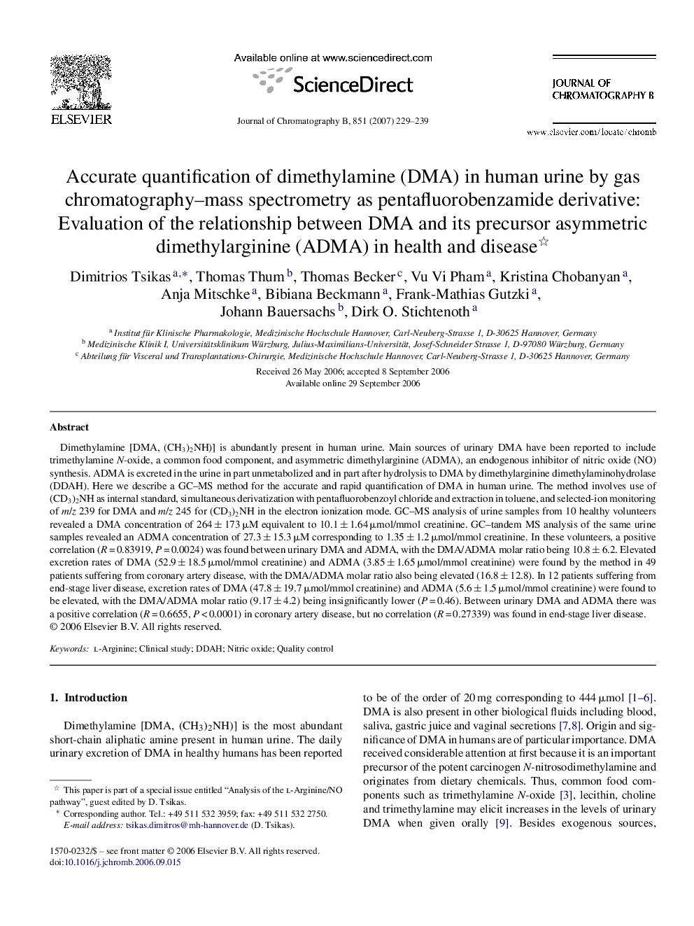 Accurate quantification of dimethylamine (DMA) in human urine by gas chromatography–mass spectrometry as pentafluorobenzamide derivative: Evaluation of the relationship between DMA and its precursor asymmetric dimethylarginine (ADMA) in health and disease