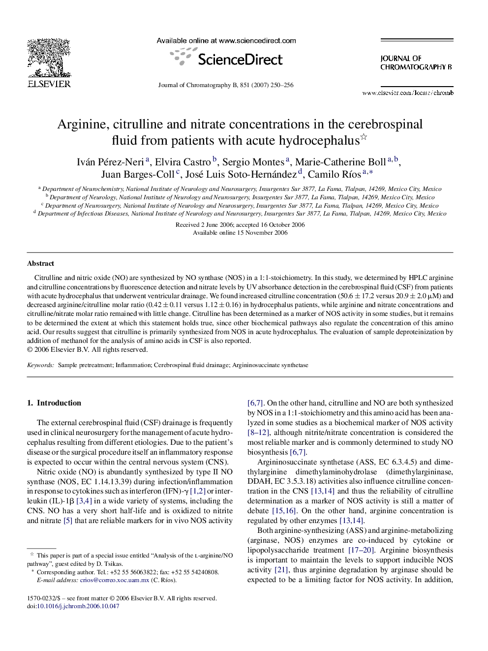 Arginine, citrulline and nitrate concentrations in the cerebrospinal fluid from patients with acute hydrocephalus 