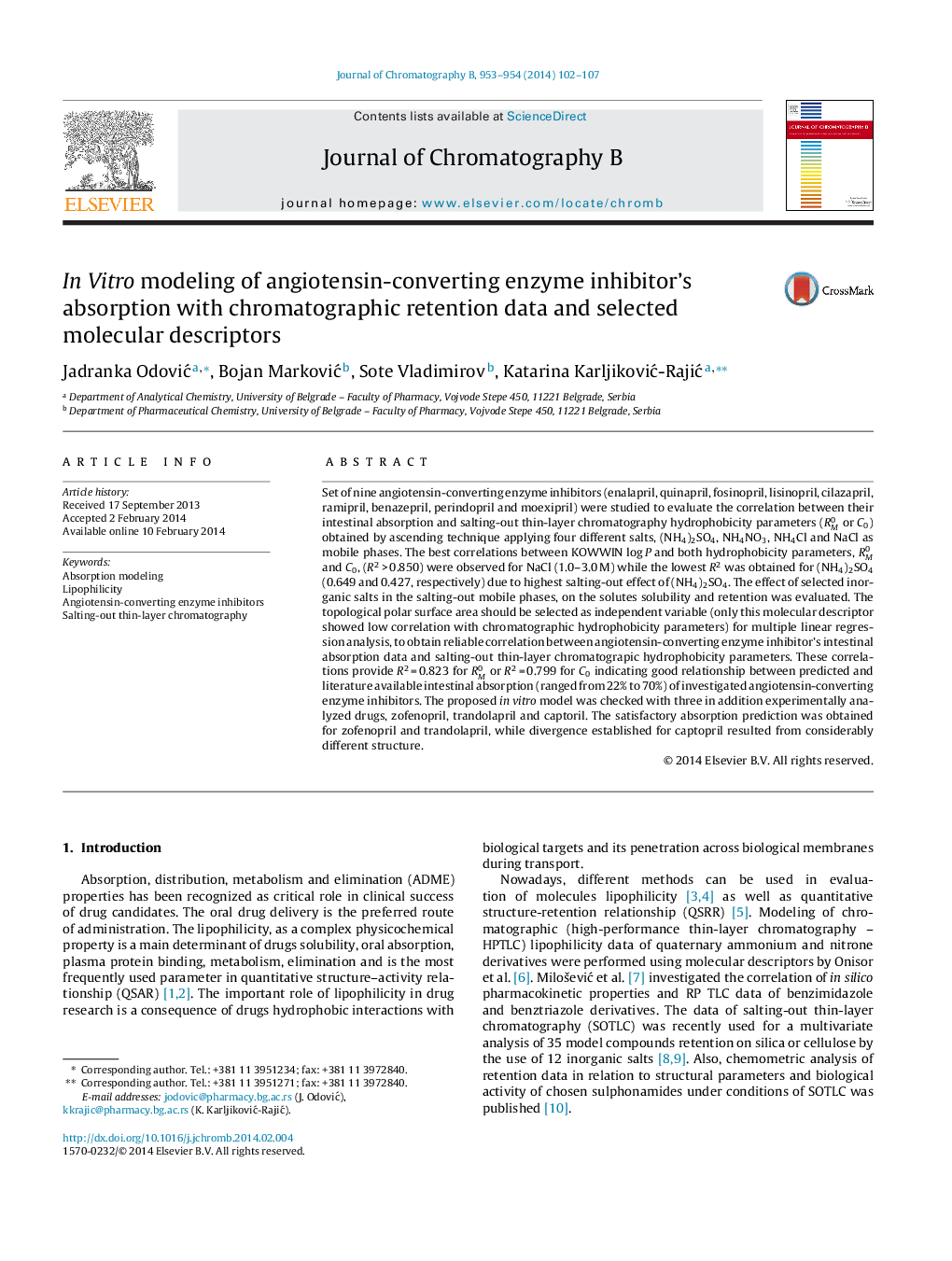 In Vitro modeling of angiotensin-converting enzyme inhibitor's absorption with chromatographic retention data and selected molecular descriptors