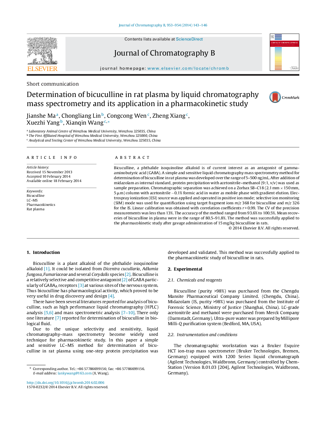 Determination of bicuculline in rat plasma by liquid chromatography mass spectrometry and its application in a pharmacokinetic study