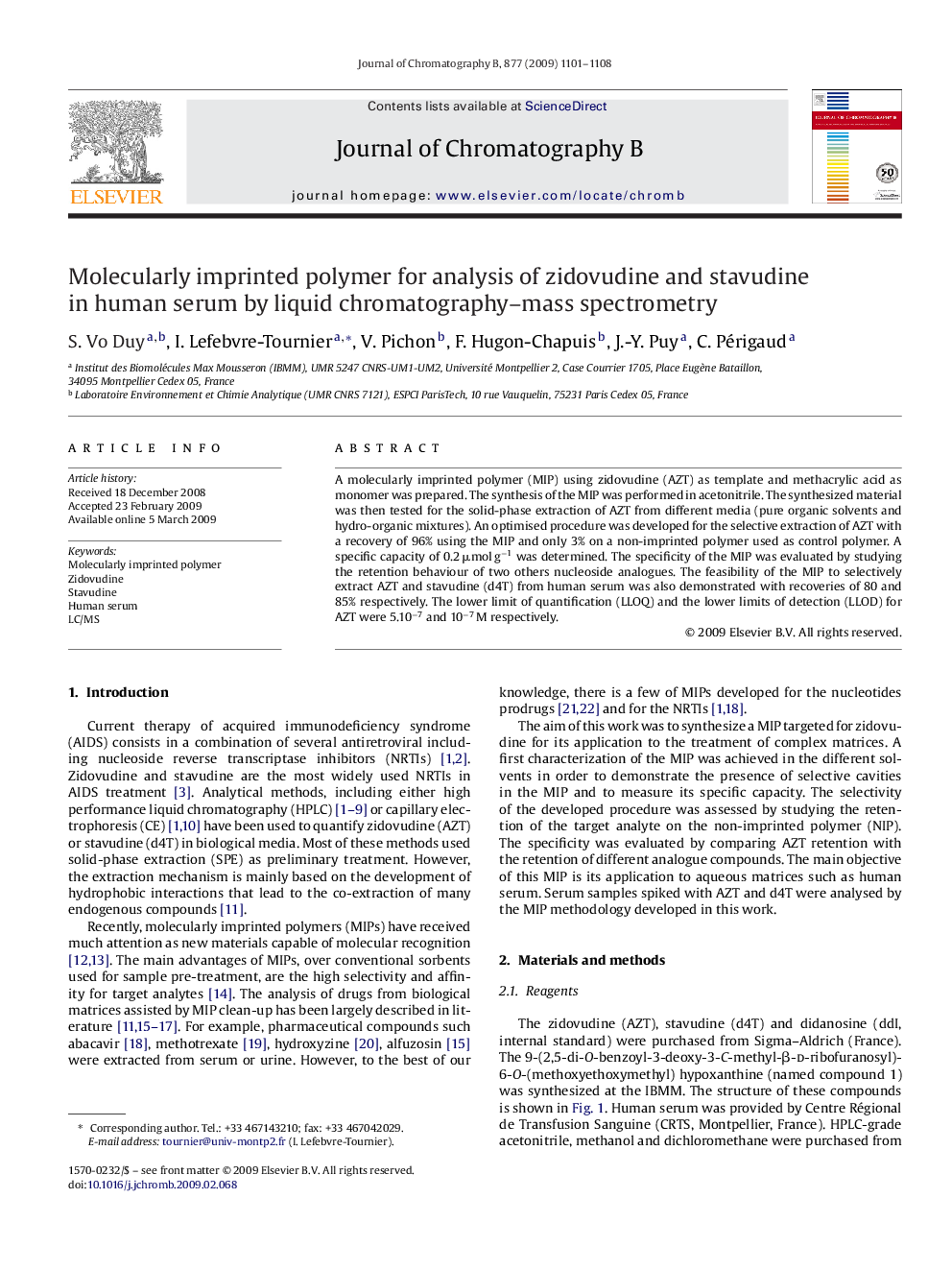 Molecularly imprinted polymer for analysis of zidovudine and stavudine in human serum by liquid chromatography–mass spectrometry