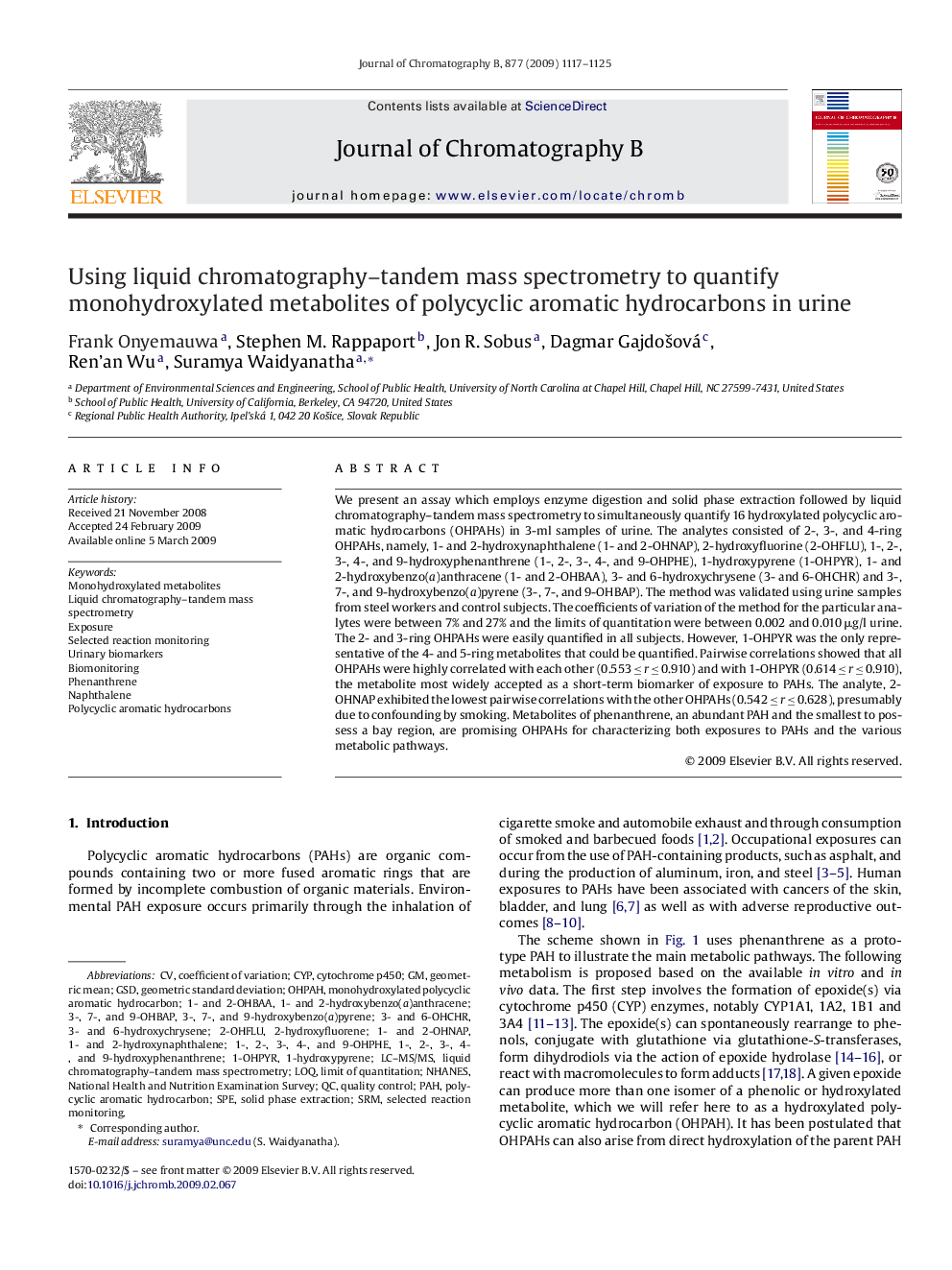 Using liquid chromatography–tandem mass spectrometry to quantify monohydroxylated metabolites of polycyclic aromatic hydrocarbons in urine