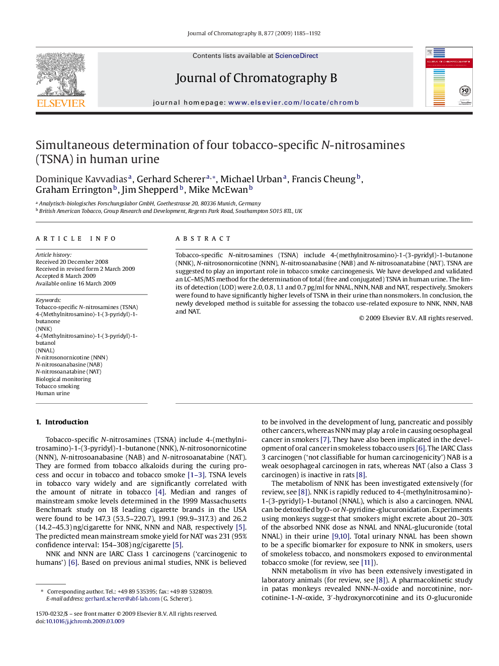 Simultaneous determination of four tobacco-specific N-nitrosamines (TSNA) in human urine