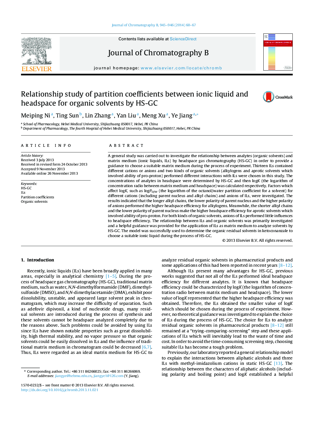 Relationship study of partition coefficients between ionic liquid and headspace for organic solvents by HS-GC