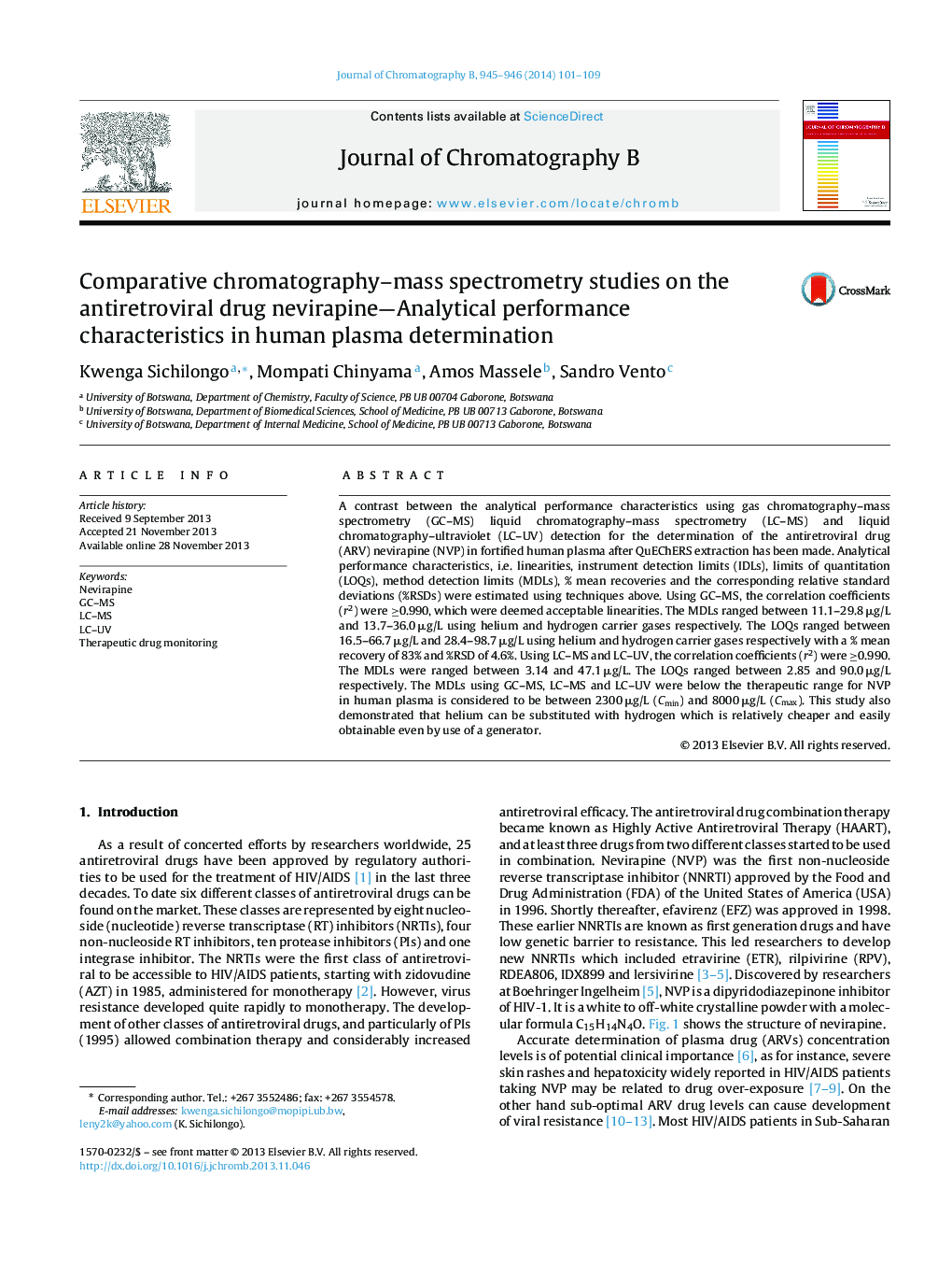 Comparative chromatography–mass spectrometry studies on the antiretroviral drug nevirapine—Analytical performance characteristics in human plasma determination