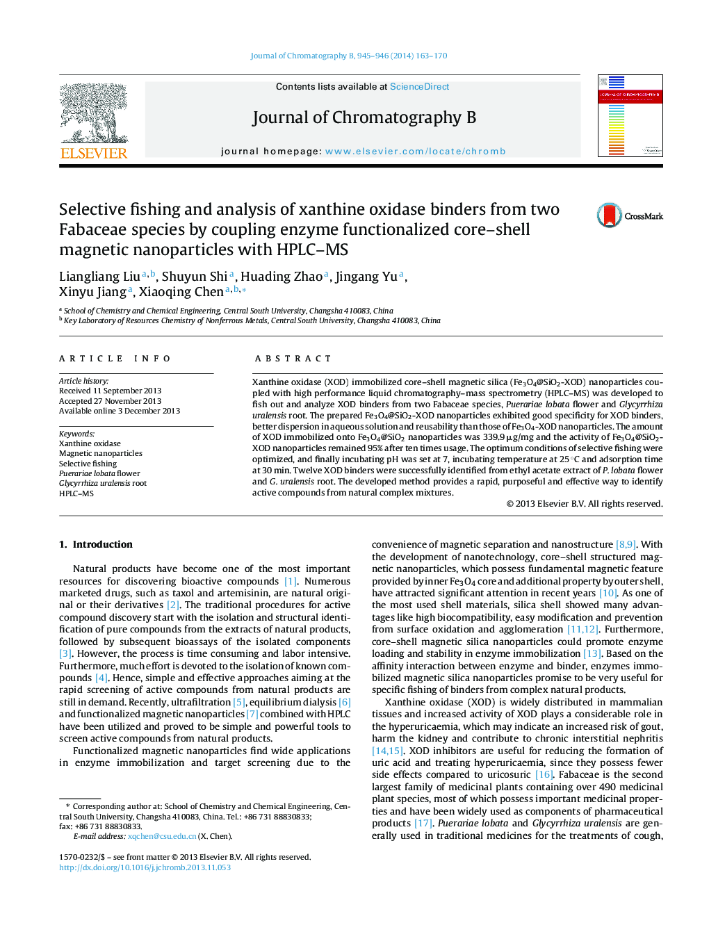 Selective fishing and analysis of xanthine oxidase binders from two Fabaceae species by coupling enzyme functionalized core–shell magnetic nanoparticles with HPLC–MS