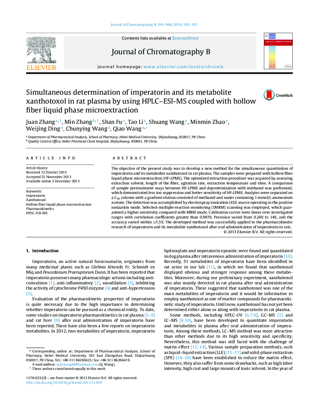 Simultaneous determination of imperatorin and its metabolite xanthotoxol in rat plasma by using HPLC–ESI-MS coupled with hollow fiber liquid phase microextraction