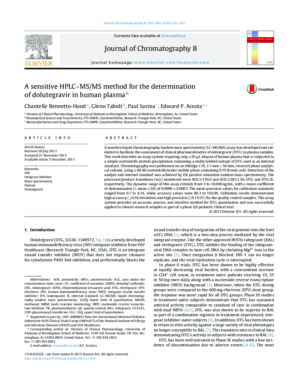 A sensitive HPLC–MS/MS method for the determination of dolutegravir in human plasma 